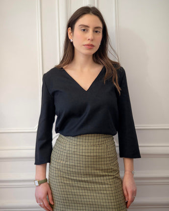 jupe versatile éco-responsable, réversible, tendance éco-responsable, jupe à carreaux, couleur marron, motif carreaux, vêtement éthique, vêtement écologique, vêtement made in France